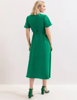 V-Neck Belted Midi Wrap Dress