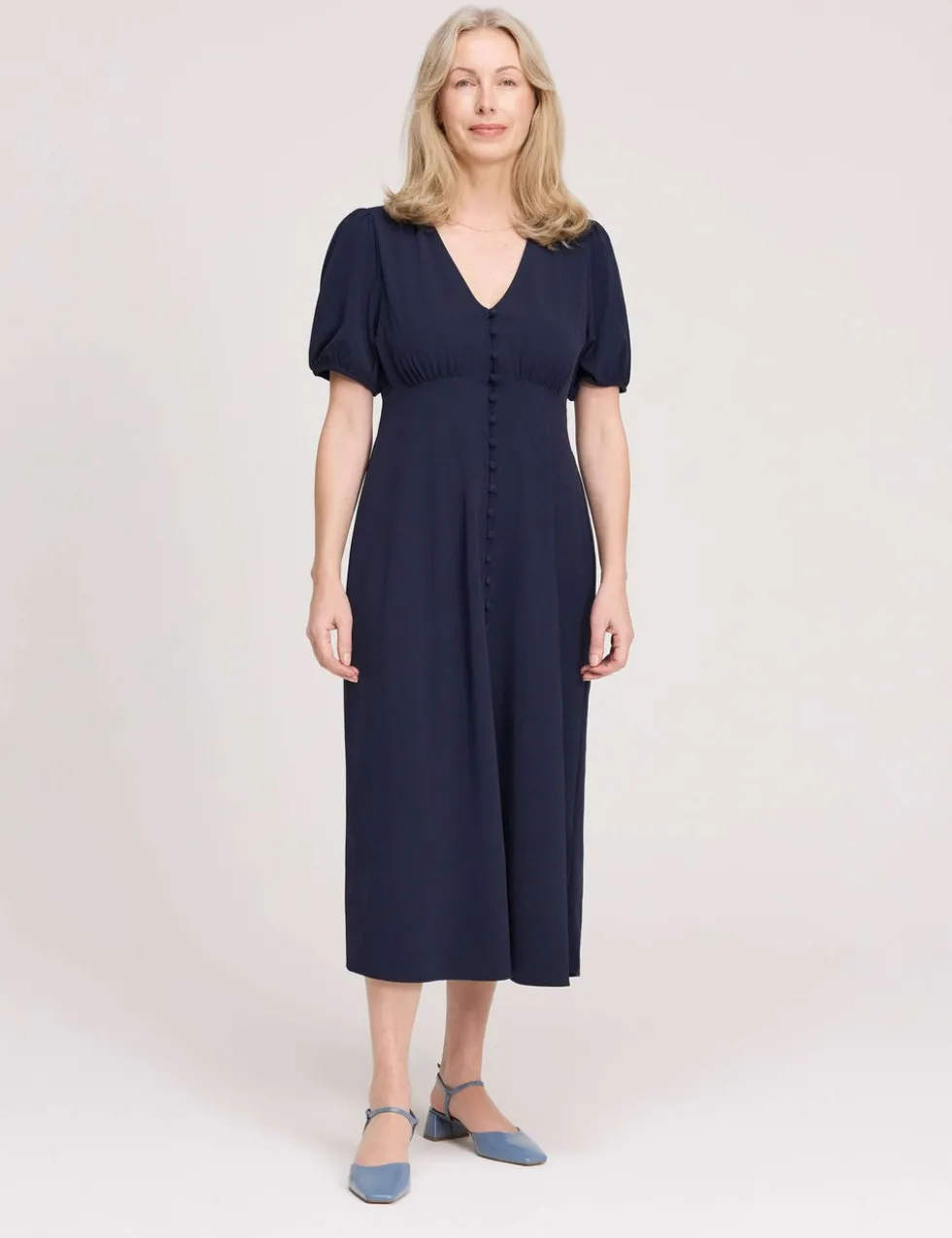 V-Neck Button Through Midi Tea Dress
