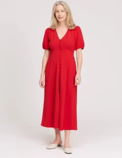 V-Neck Button Through Midi Tea Dress