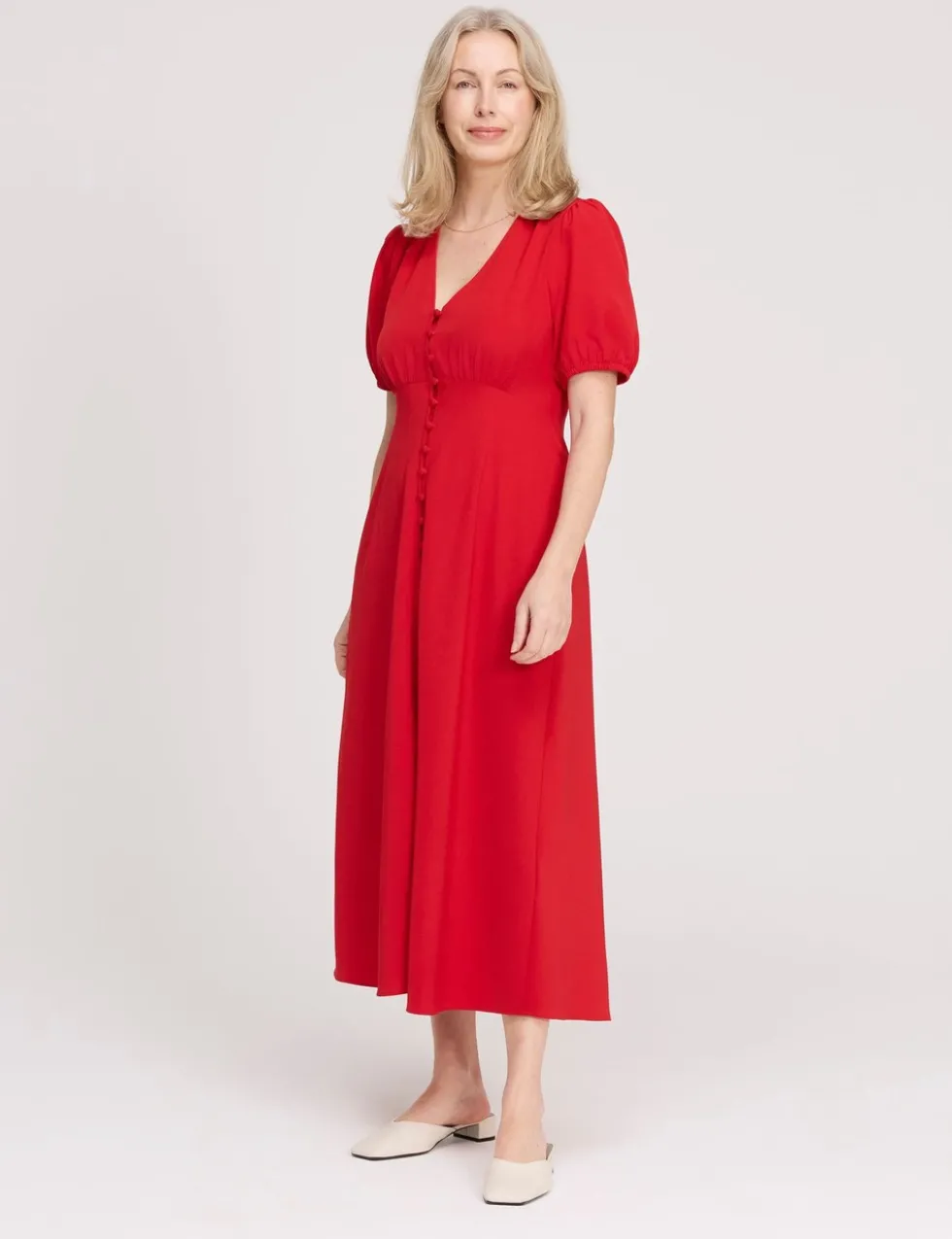 V-Neck Button Through Midi Tea Dress
