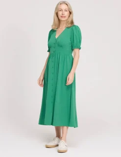 V-Neck Button Through Midi Tea Dress