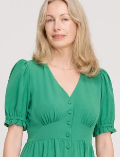 V-Neck Button Through Midi Tea Dress