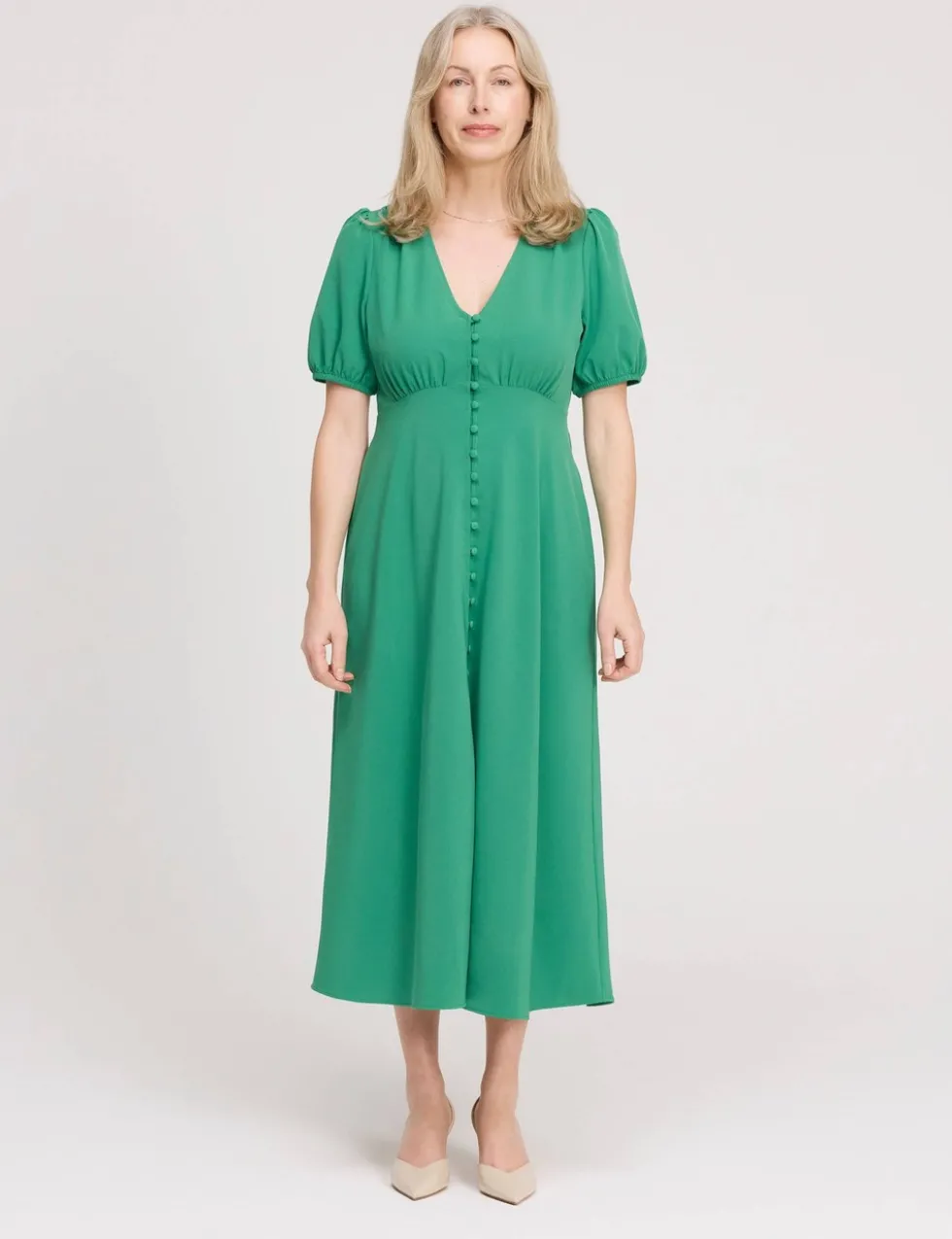 V-Neck Button Through Midi Tea Dress