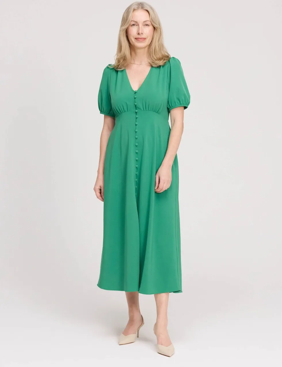 V-Neck Button Through Midi Tea Dress