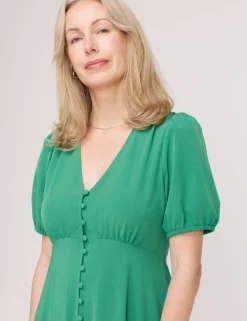 V-Neck Button Through Midi Tea Dress