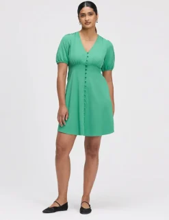 V-Neck Button Through Short Skater Dress