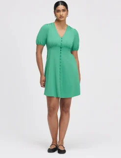 V-Neck Button Through Short Skater Dress