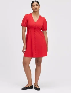 V-Neck Button Through Short Skater Dress