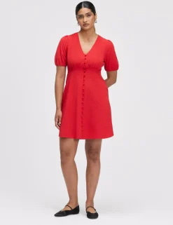 V-Neck Button Through Short Skater Dress