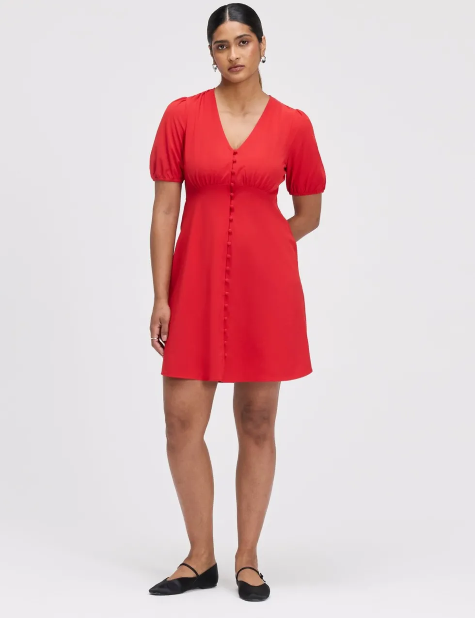 V-Neck Button Through Short Skater Dress