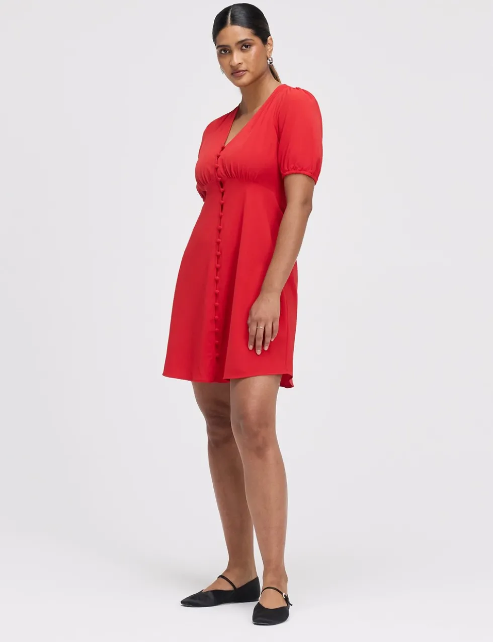 V-Neck Button Through Short Skater Dress