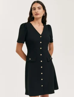 V-Neck Button Through Tailored Dress