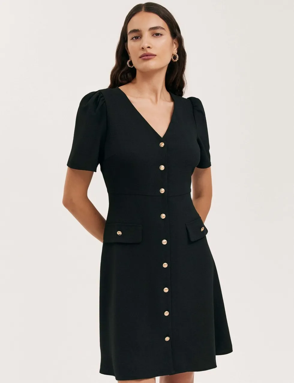 V-Neck Button Through Tailored Dress