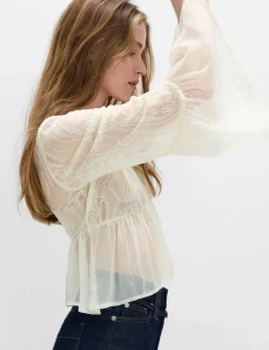 V-Neck Lace Flute Sleeve Top