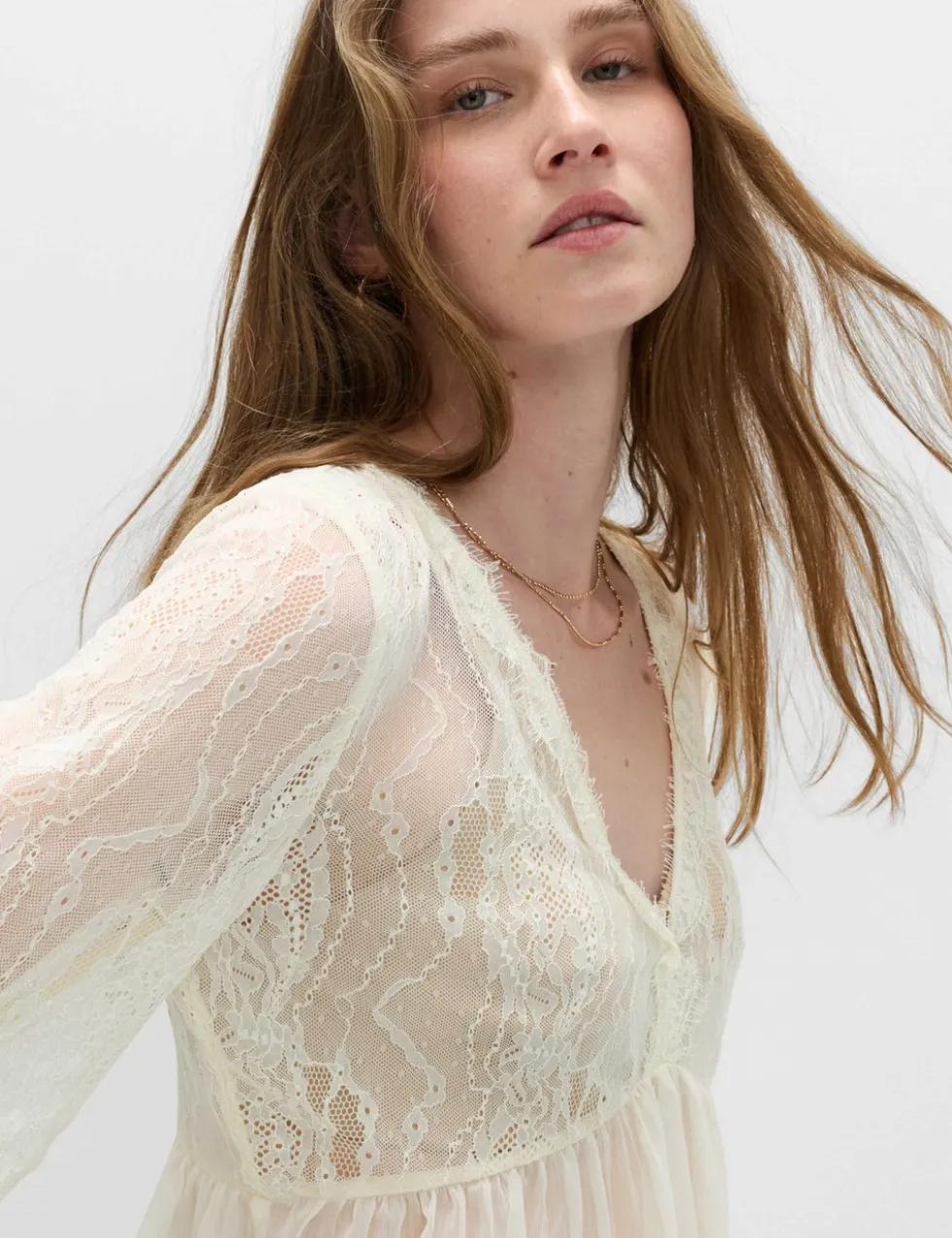 V-Neck Lace Flute Sleeve Top