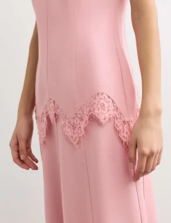 V-Neck Lace Insert Midi Column Dress