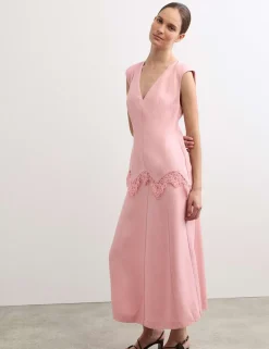 V-Neck Lace Insert Midi Column Dress