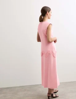 V-Neck Lace Insert Midi Column Dress