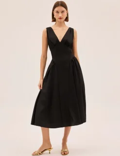 V-Neck Midi Waisted Dress with Linen