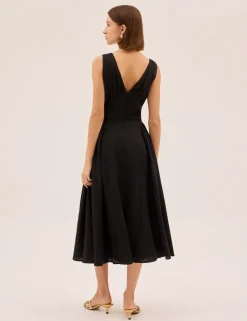 V-Neck Midi Waisted Dress with Linen