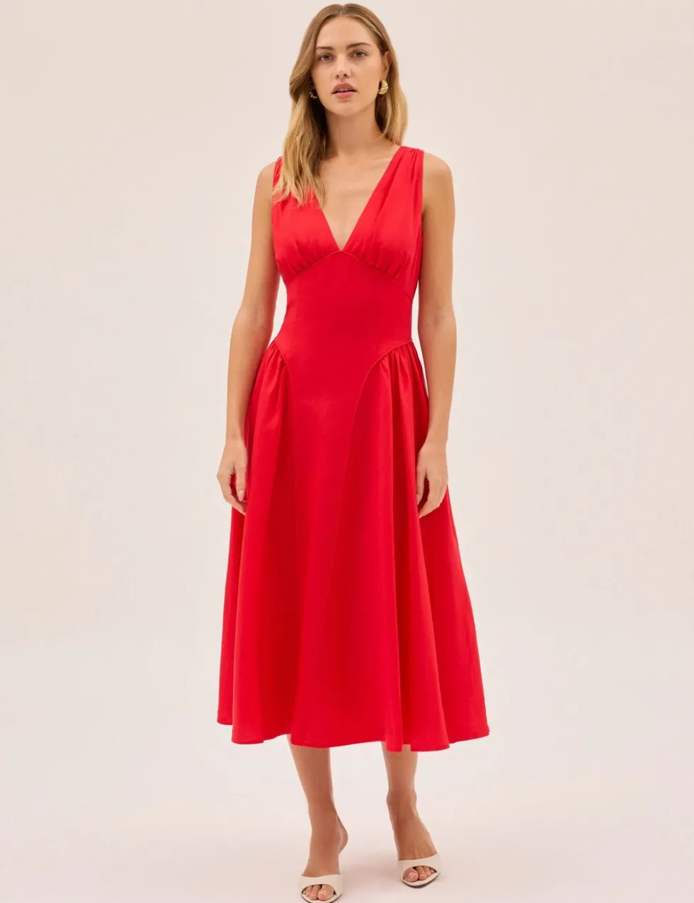 V-Neck Midi Waisted Dress with Linen
