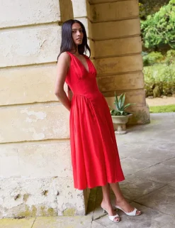 V-Neck Midi Waisted Dress with Linen
