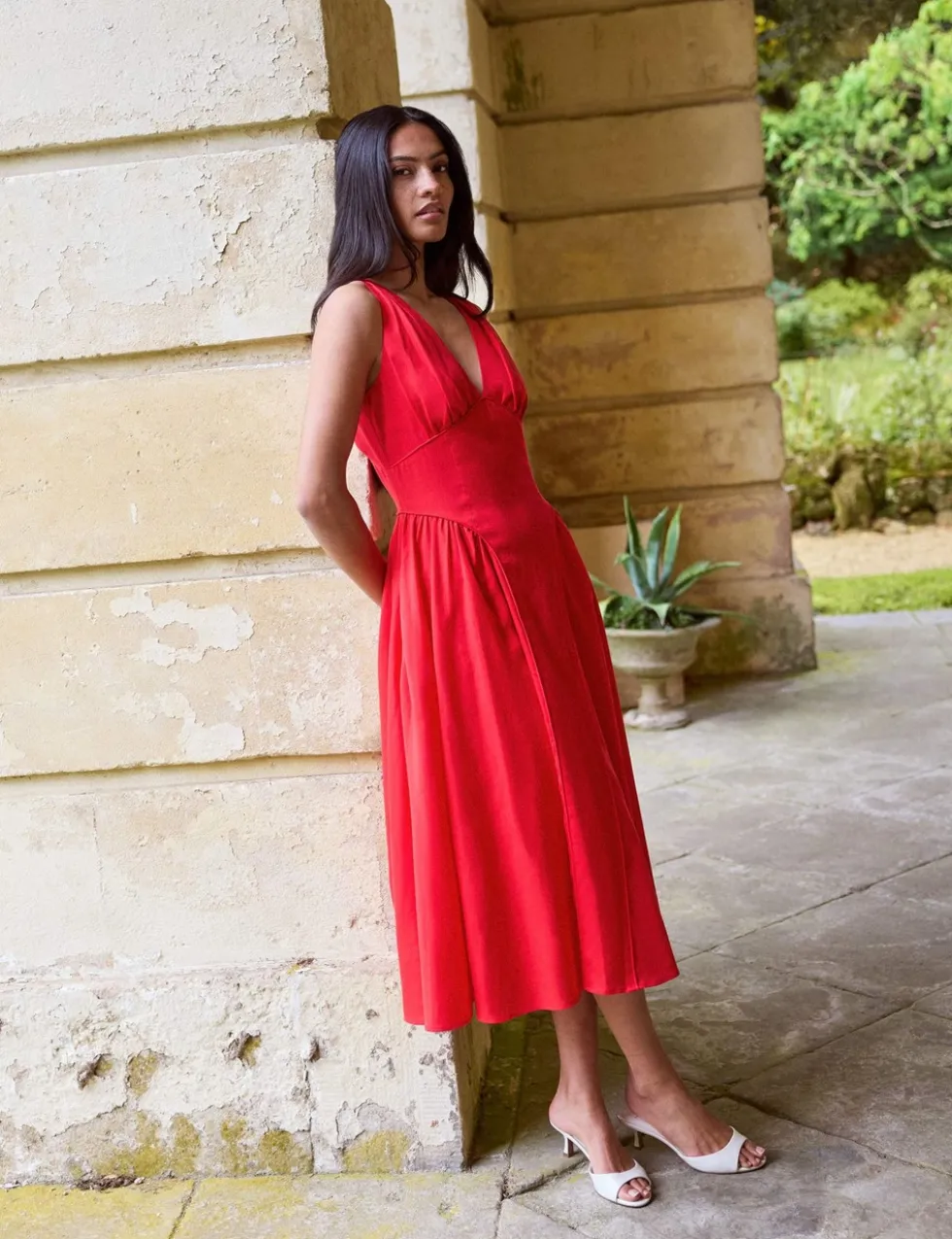 V-Neck Midi Waisted Dress with Linen