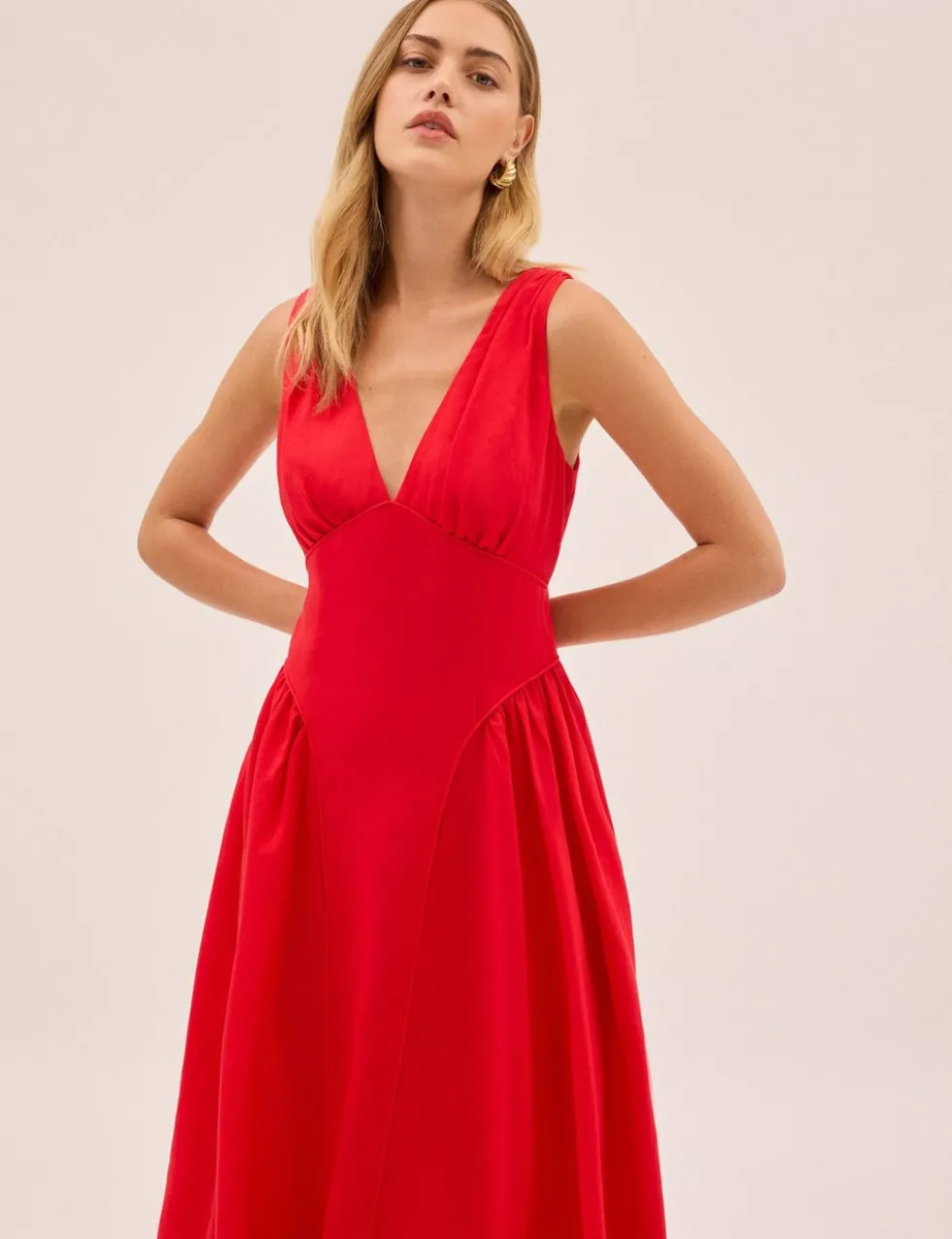 V-Neck Midi Waisted Dress with Linen