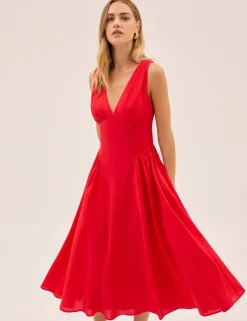 V-Neck Midi Waisted Dress with Linen