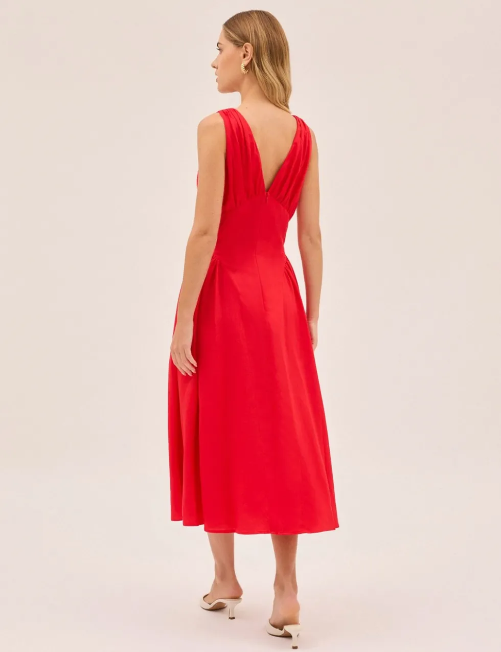 V-Neck Midi Waisted Dress with Linen