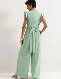 V-Neck Mock Wrap Tie Detail Wide Leg Jumpsuit