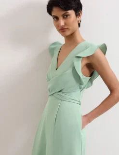 V-Neck Mock Wrap Tie Detail Wide Leg Jumpsuit