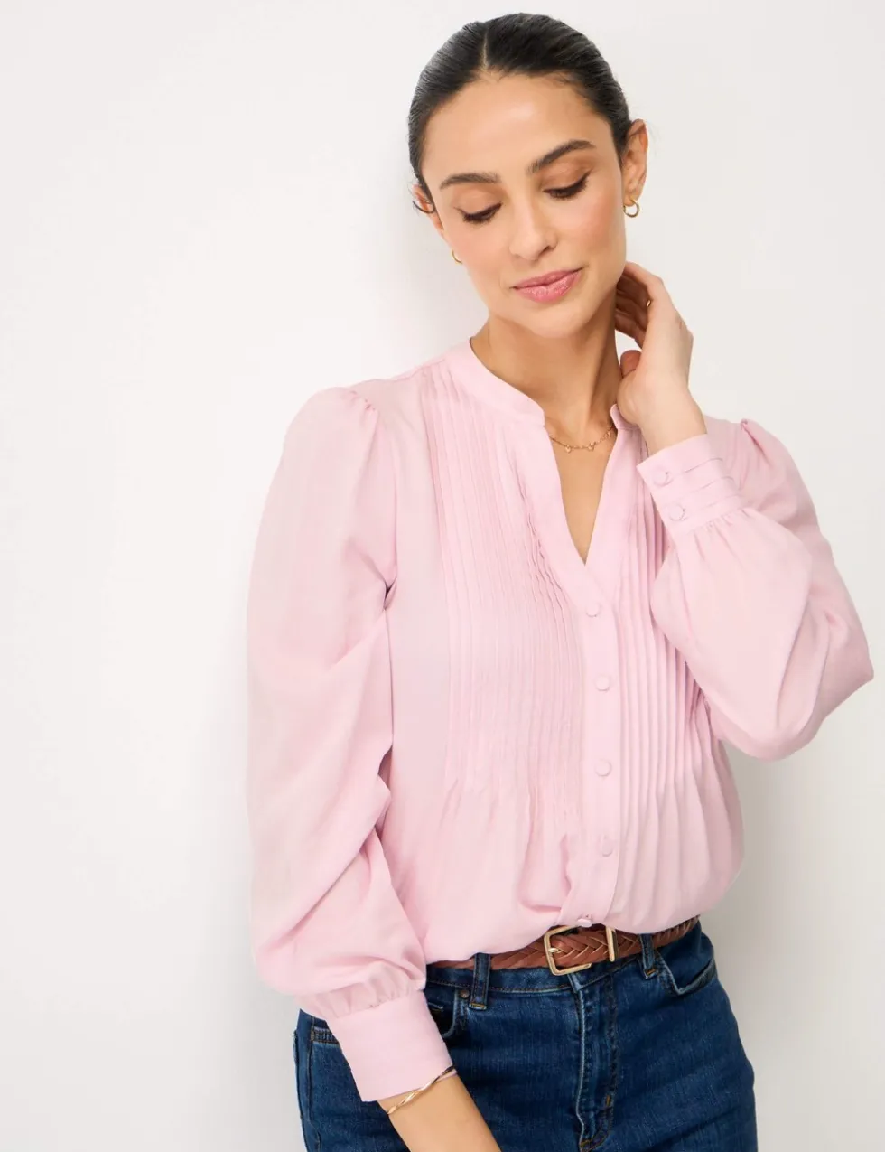 V-Neck Pintuck Blouse with Lyocell