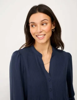 V-Neck Pintuck Blouse with Lyocell