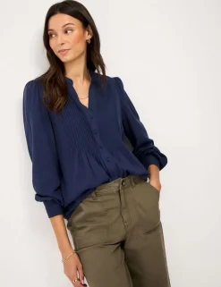 V-Neck Pintuck Blouse with Lyocell
