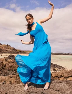 V-Neck Pleated Dropped Waist Maxi Dress