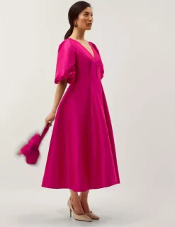 V-Neck Puff Sleeve Midi Skater Dress