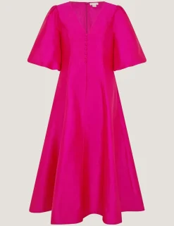V-Neck Puff Sleeve Midi Skater Dress