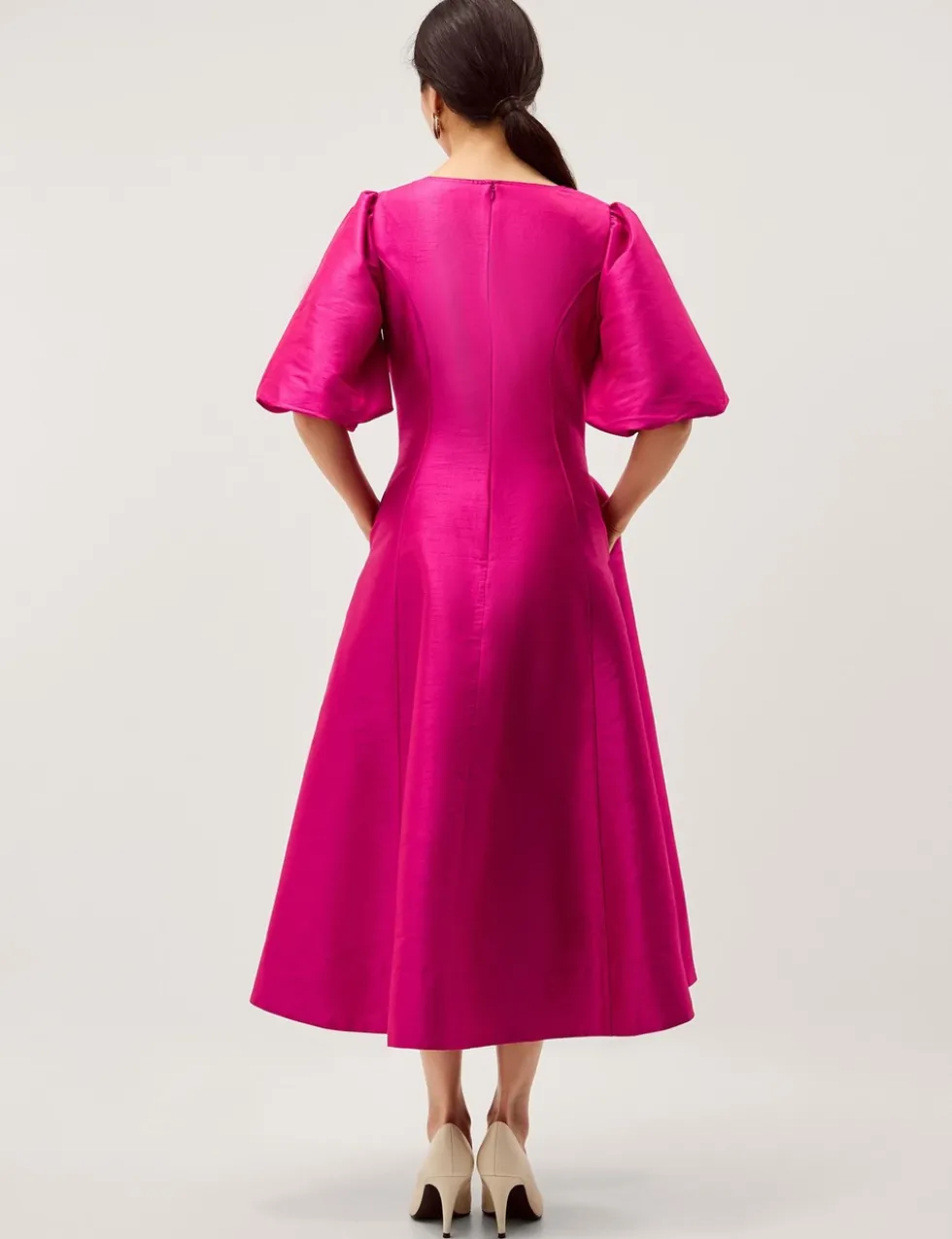 V-Neck Puff Sleeve Midi Skater Dress