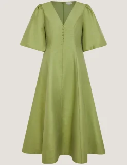 V-Neck Puff Sleeve Midi Skater Dress