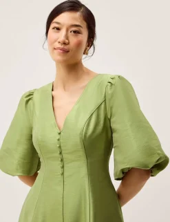 V-Neck Puff Sleeve Midi Skater Dress