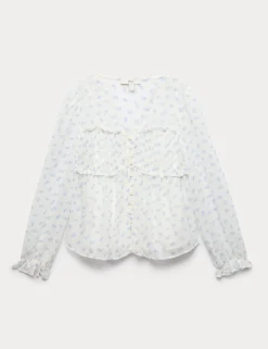 V-Neck Ruffle Detail Long Sleeve Blouse
