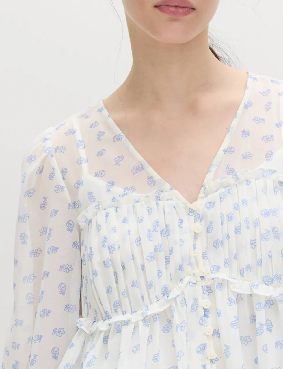 V-Neck Ruffle Detail Long Sleeve Blouse