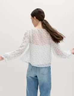 V-Neck Ruffle Detail Long Sleeve Blouse