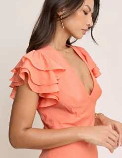 V-Neck Ruffle Sleeve Midi Bodycon Dress