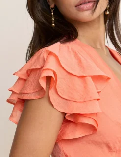 V-Neck Ruffle Sleeve Midi Bodycon Dress