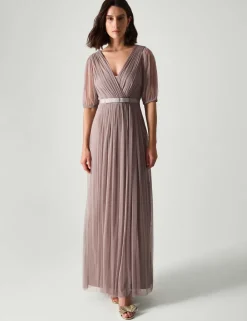 V-Neck Sheer Sleeve Maxi Column Dress