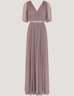 V-Neck Sheer Sleeve Maxi Column Dress