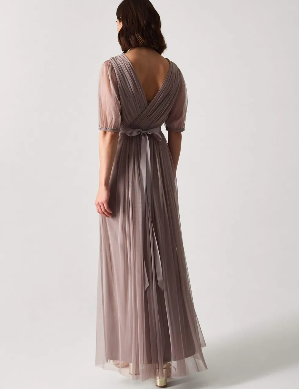 V-Neck Sheer Sleeve Maxi Column Dress