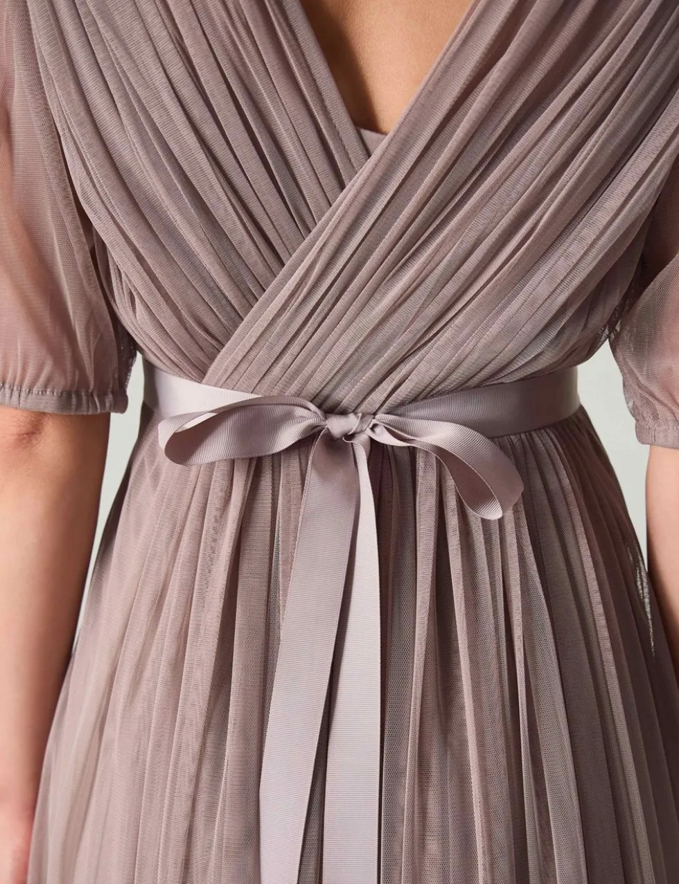 V-Neck Sheer Sleeve Maxi Column Dress